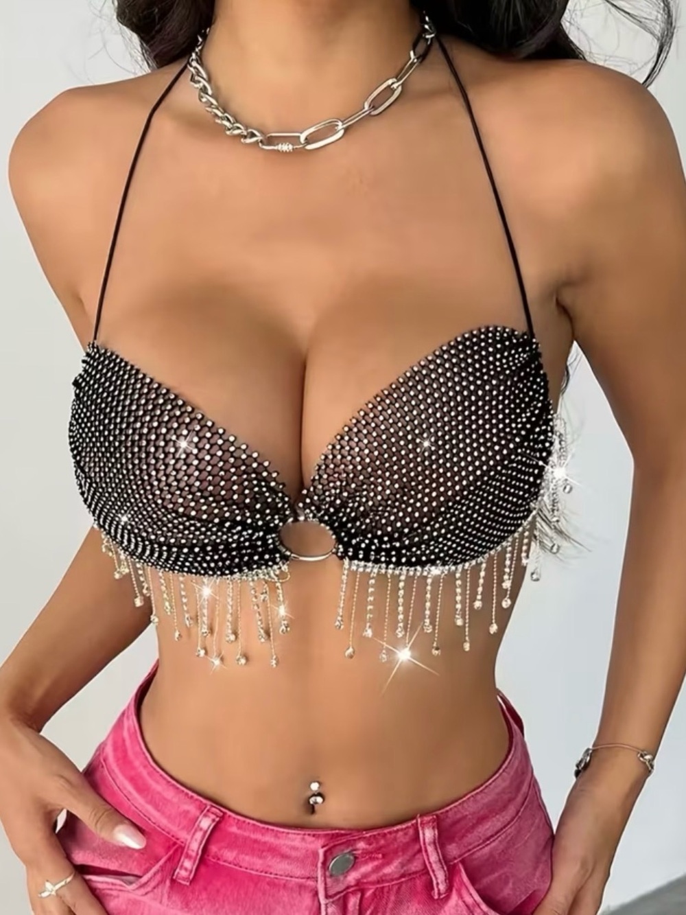Women’s Black Crystal Fringe Halter Bikini Top - Designer Style
